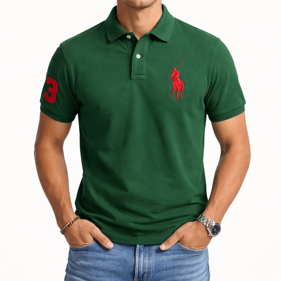 Polo Ralph Lauren Mens Big Pony Polo Shirt Green Red Classic Fit Large LG - Picture 2 of 10